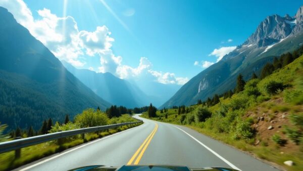 Car driving on a scenic road through mountains and trees.