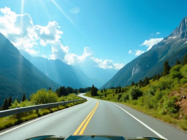 Car driving on a scenic road through mountains and trees.