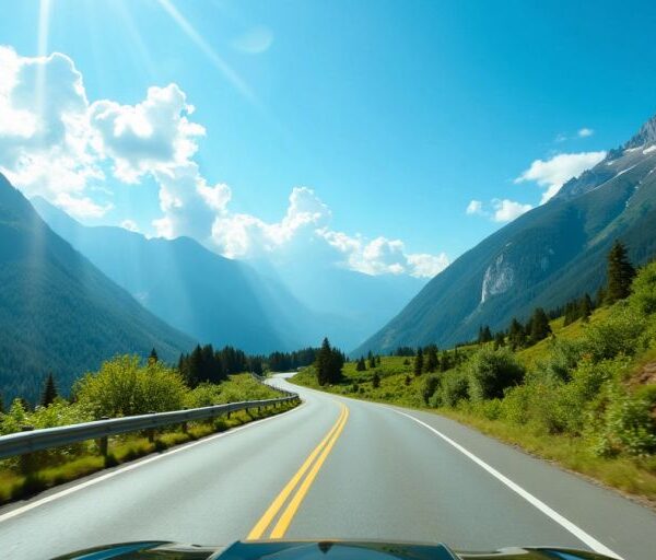 Car driving on a scenic road through mountains and trees.