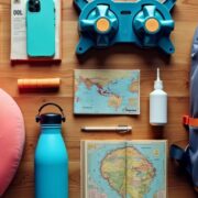 Flat lay of essential travel items for 2024.