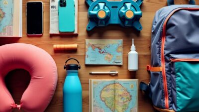 Flat lay of essential travel items for 2024.