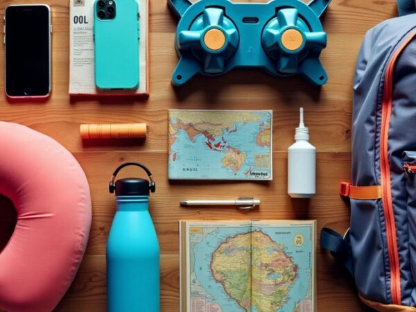 Flat lay of essential travel items for 2024.