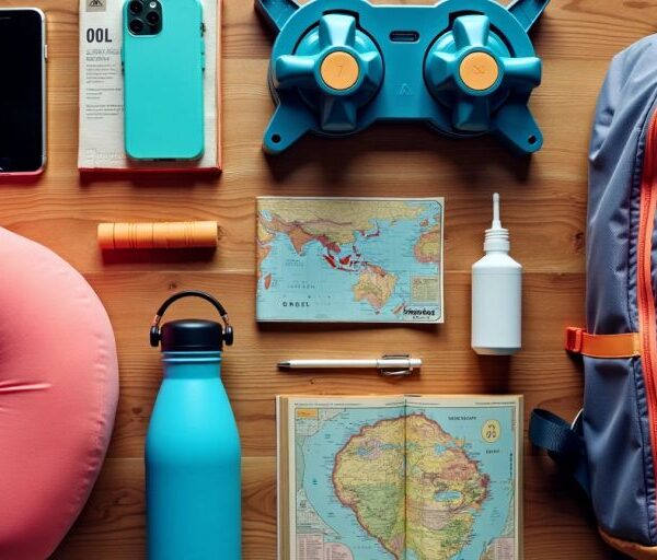 Flat lay of essential travel items for 2024.