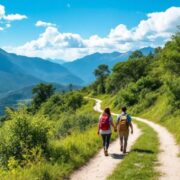 Couple walking on a scenic path in nature.