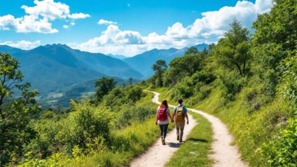 Couple walking on a scenic path in nature.