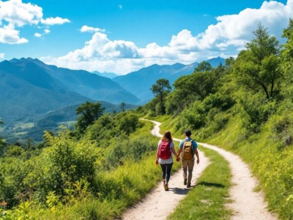 Couple walking on a scenic path in nature.