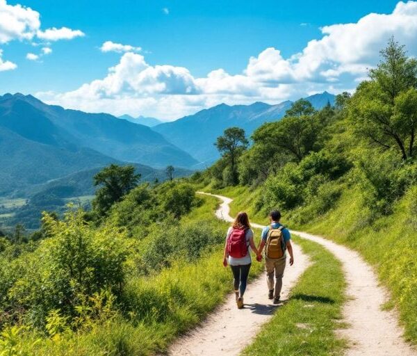 Couple walking on a scenic path in nature.