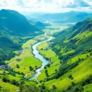 Scenic landscape with hills, river, and clear sky.