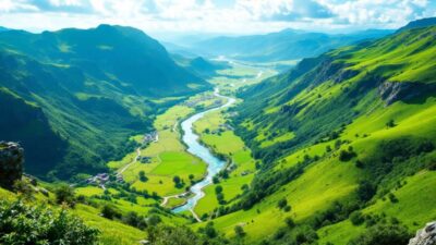 Scenic landscape with hills, river, and clear sky.