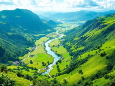 Scenic landscape with hills, river, and clear sky.