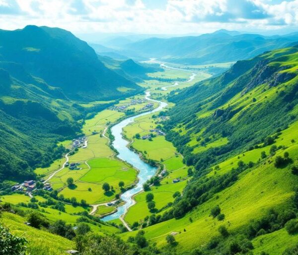 Scenic landscape with hills, river, and clear sky.