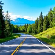 Winding road through forests and mountains under blue sky.