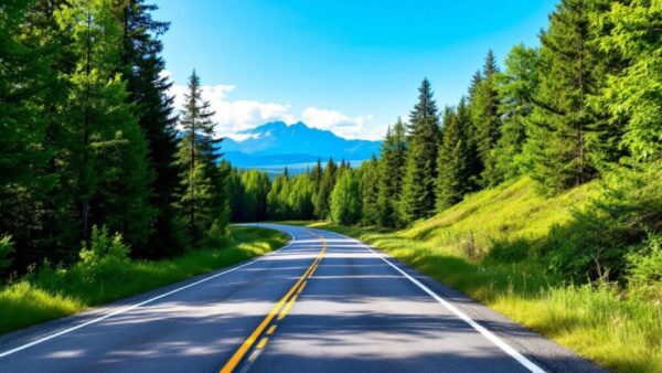 Winding road through forests and mountains under blue sky.