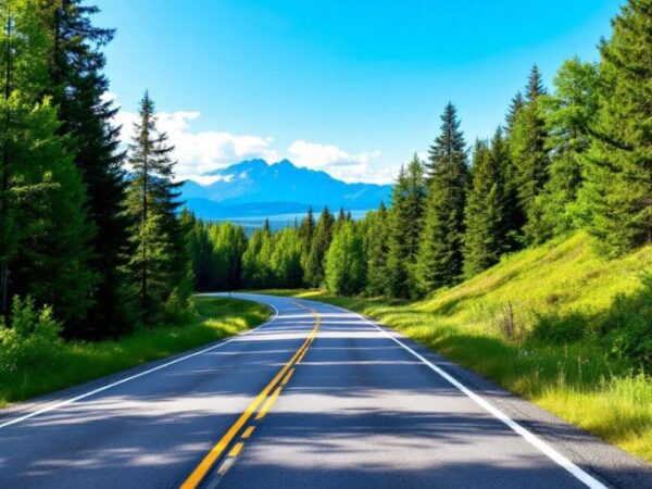 Winding road through forests and mountains under blue sky.