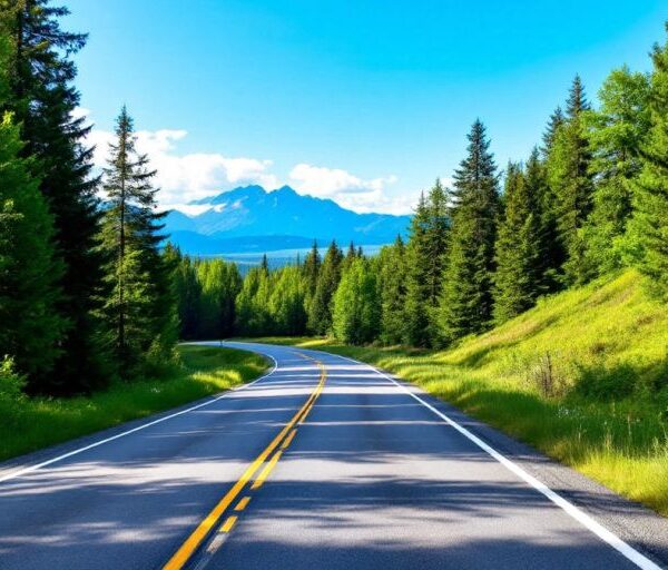 Winding road through forests and mountains under blue sky.