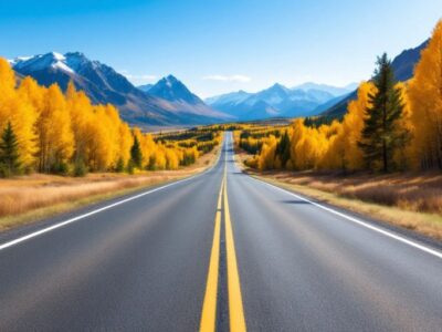 Scenic open road amidst lush green mountains.