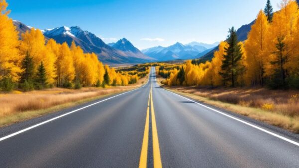 Scenic open road amidst lush green mountains.