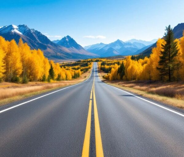 Scenic open road amidst lush green mountains.