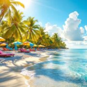 Tropical beach scene with palm trees and clear waters.