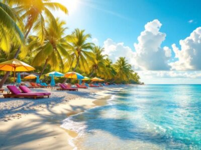 Tropical beach scene with palm trees and clear waters.