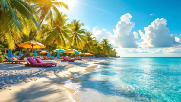 Tropical beach scene with palm trees and clear waters.