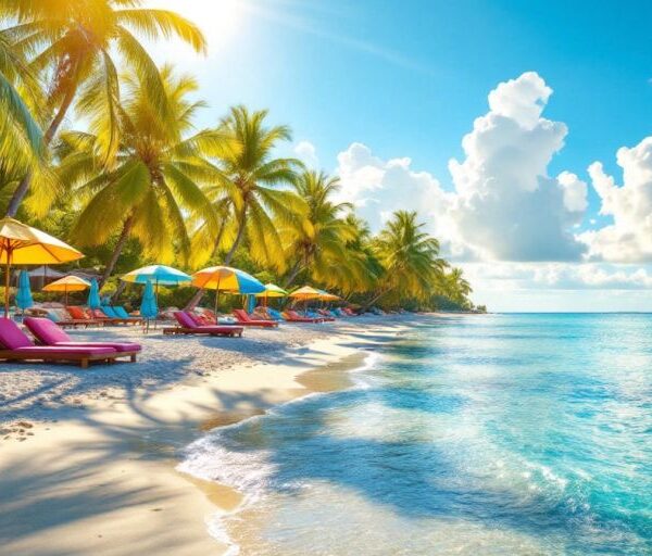 Tropical beach scene with palm trees and clear waters.