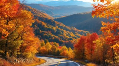 Colorful fall foliage along a picturesque road.