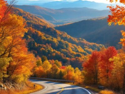 Colorful fall foliage along a picturesque road.