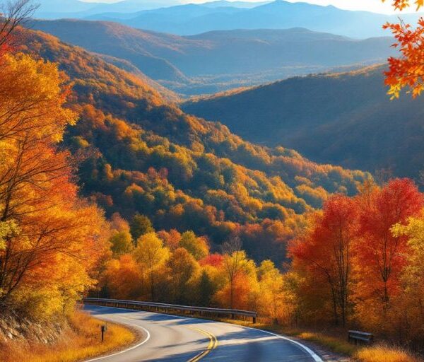 Colorful fall foliage along a picturesque road.