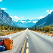 Car packed for a road trip on a scenic road.