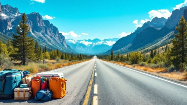 Car packed for a road trip on a scenic road.