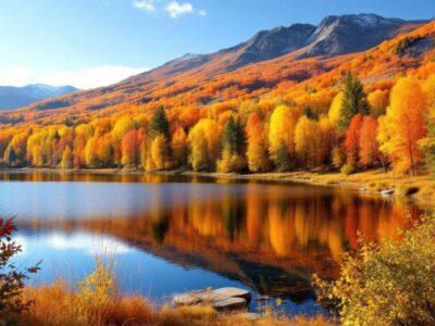 Colorful autumn landscape with trees and a serene lake.