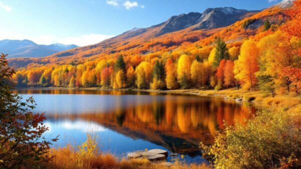 Colorful autumn landscape with trees and a serene lake.