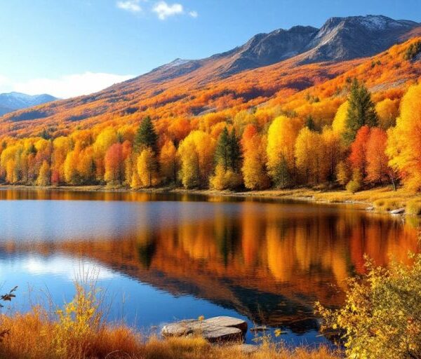 Colorful autumn landscape with trees and a serene lake.