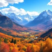 Scenic mountains with autumn colors and clear blue sky.