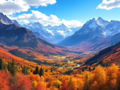 Scenic mountains with autumn colors and clear blue sky.