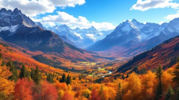 Scenic mountains with autumn colors and clear blue sky.