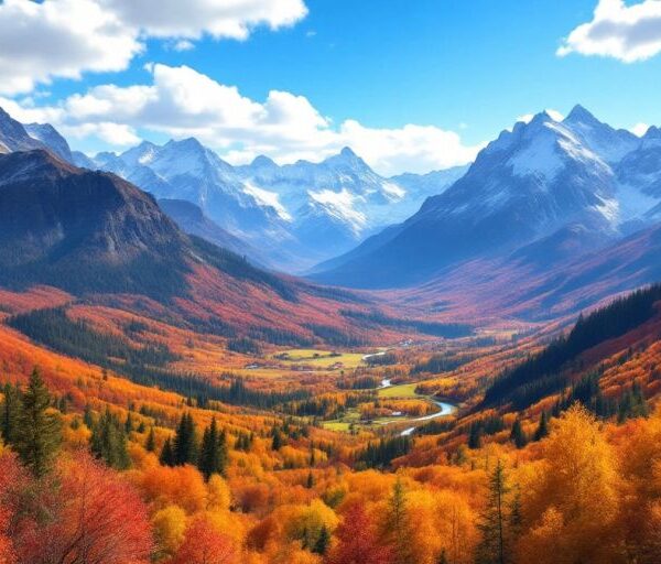 Scenic mountains with autumn colors and clear blue sky.