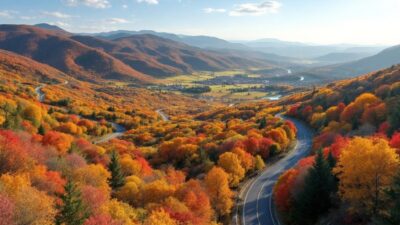 Colorful autumn trees lining a scenic road.