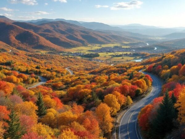 Colorful autumn trees lining a scenic road.