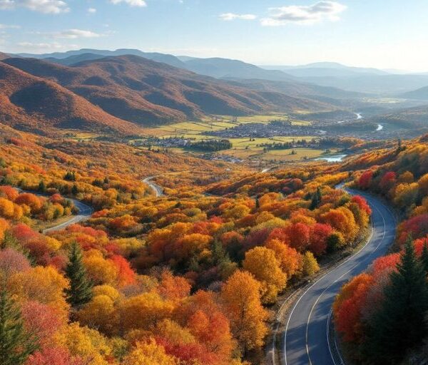 Colorful autumn trees lining a scenic road.