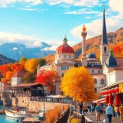 Landscape of popular November travel destinations with vibrant colors.