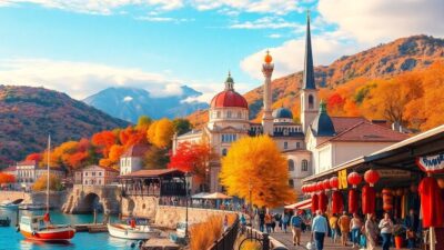 Landscape of popular November travel destinations with vibrant colors.