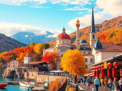 Landscape of popular November travel destinations with vibrant colors.