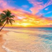 Stunning beach sunset with palm trees and clear waters.