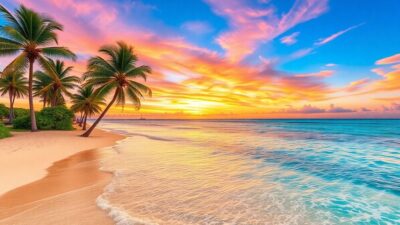 Stunning beach sunset with palm trees and clear waters.