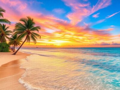 Stunning beach sunset with palm trees and clear waters.