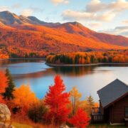 Autumn landscape with colorful trees and a serene lake.