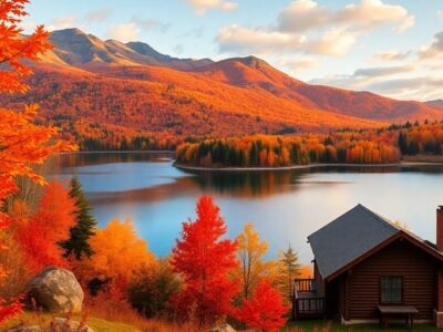 Autumn landscape with colorful trees and a serene lake.