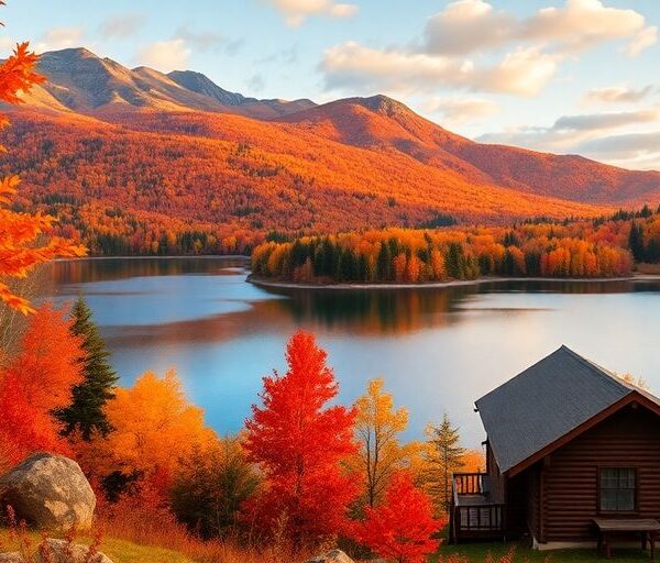 Autumn landscape with colorful trees and a serene lake.